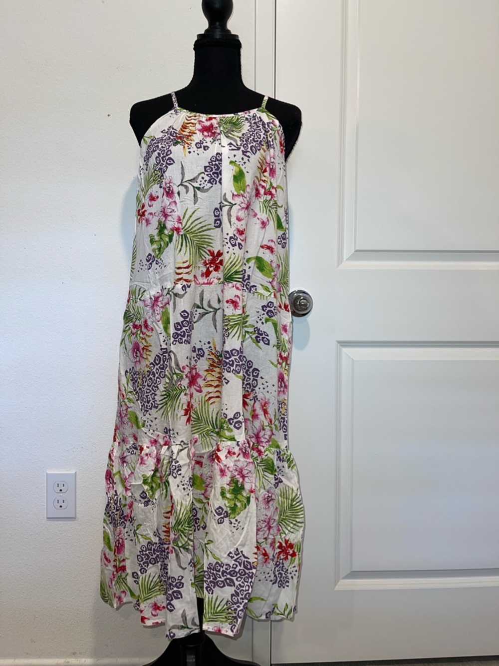 White Floral Maxi Sundress with Pink, Green & Purple Print
